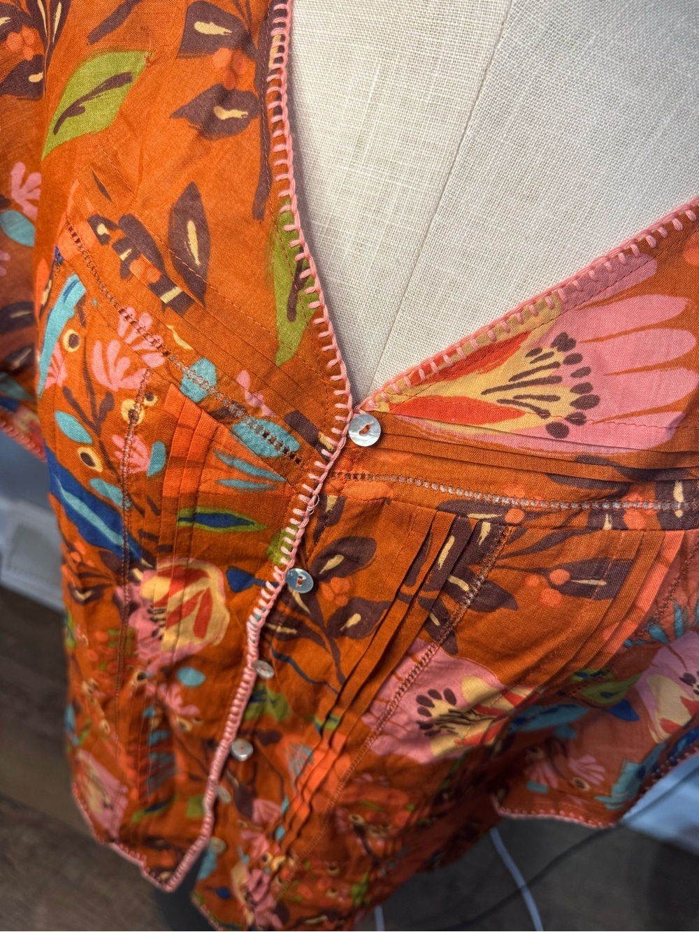 Daniel Rainn Orange Floral Linen Cotton Button-Front Blouse Flutter Sleeve Med - Picture 9 of 10